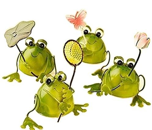 コトリーノ 幸運をもたらす 4匹の小さなカエル プチ 置物 プレゼント インテリアとしても最高 ブリキ で作られた かわいい 蛙 の オブジェ （葉、網、花、蝶）